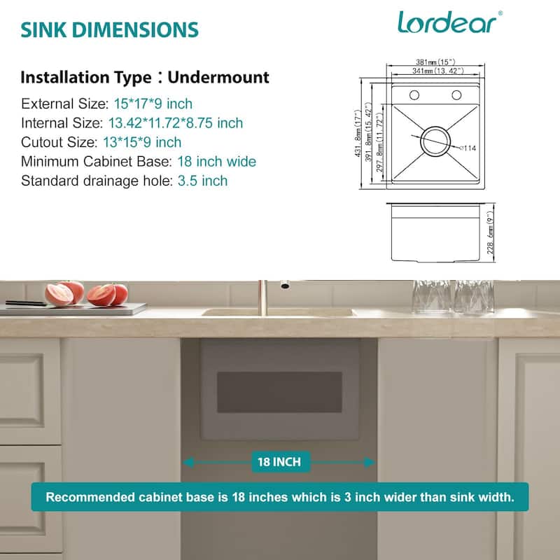 Lordear 17" Stainless Steel Sink Undermount Workstation Single Bowl Bar Sink or Kitchen Sink with Folding Faucet
