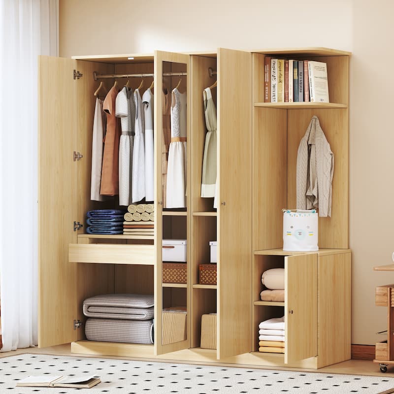 Freestanding Wardrobe with Full-Length Mirror, Shelves & Drawer, 4-Door Armoires Bedroom Storage Cabinet - Natural