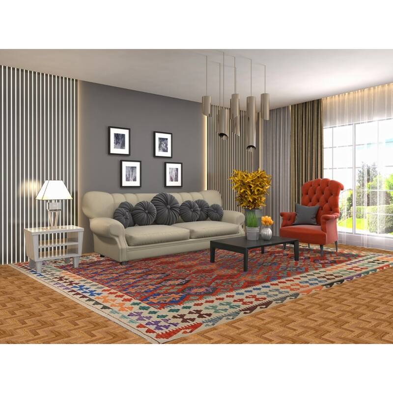 Trellis Geometric Kilim Oriental Area Rug Flatweave Wool Carpet - 8'8" x 11'9"