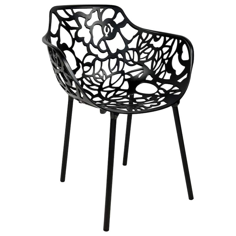Devon Aluminum Dining Armchair with Floral Cutouts – Stackable, UV-Protected, Indoor/Outdoor Patio Side Chair - Black
