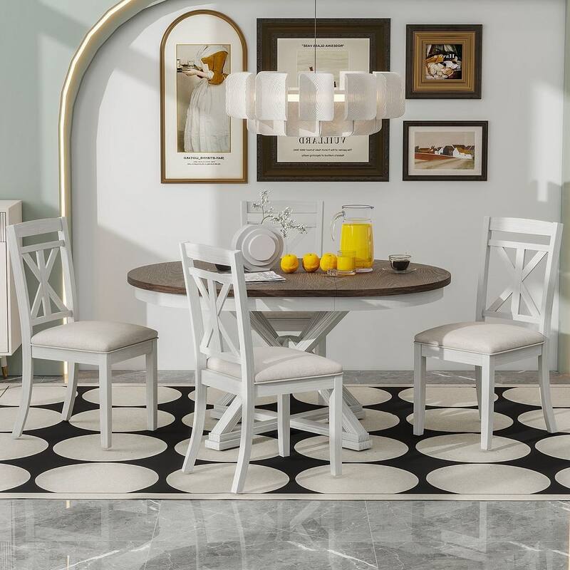 5 PCS Retro Functional Dining Table Set for 4 Extendable Round Table and 4 Upholstered Chairs
