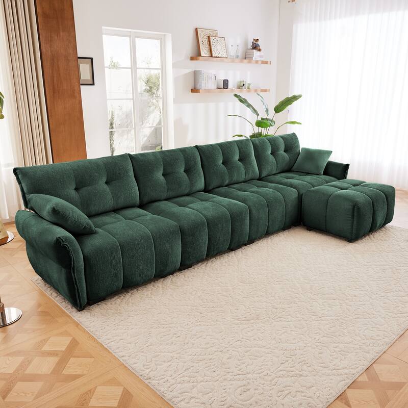 4-Seater U-Shaped Modular Sofa with 1 Ottomans & Pillows - Green