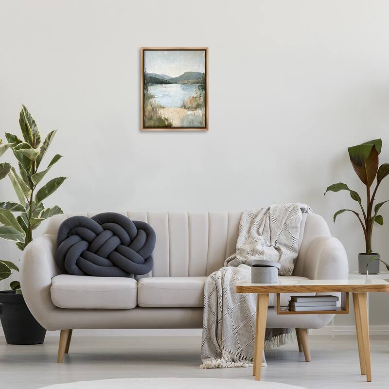 Stupell Abstract Lake Shore & Mountains Framed Floater Canvas Wall Art Design By Petal Prints Design