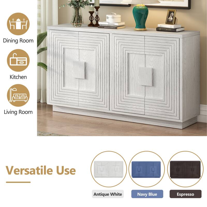 Vintage Distressed 4-Door Sideboard with Adjustable Shelves and Geometric Pattern for Dining Room, Kitchen and Living Room
