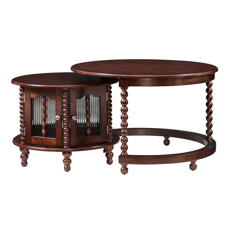 Roomfitters Vintage Round Nesting Coffee Table, Decorative Glass Doors & Beaded Legs, Retro Accent Table, Walnut