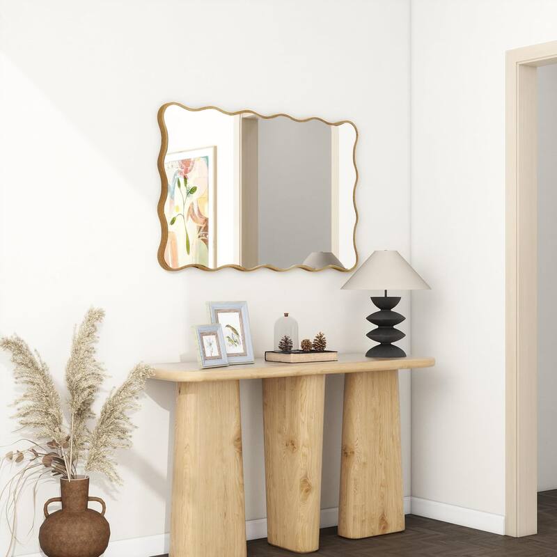 Antique Gold Wall Mirror Rectangle Wave Metal Accent Mirror - 30"×20"