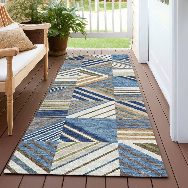 Machine Washable Indoor/ Outdoor Geo Mosaic Chantille Rug - Denim - 2'3" x 7'6"