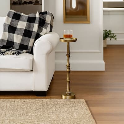 26 Inch Side End Drink Table, Turned Pedestal Metal Base, Round Top, Oxidized Brass