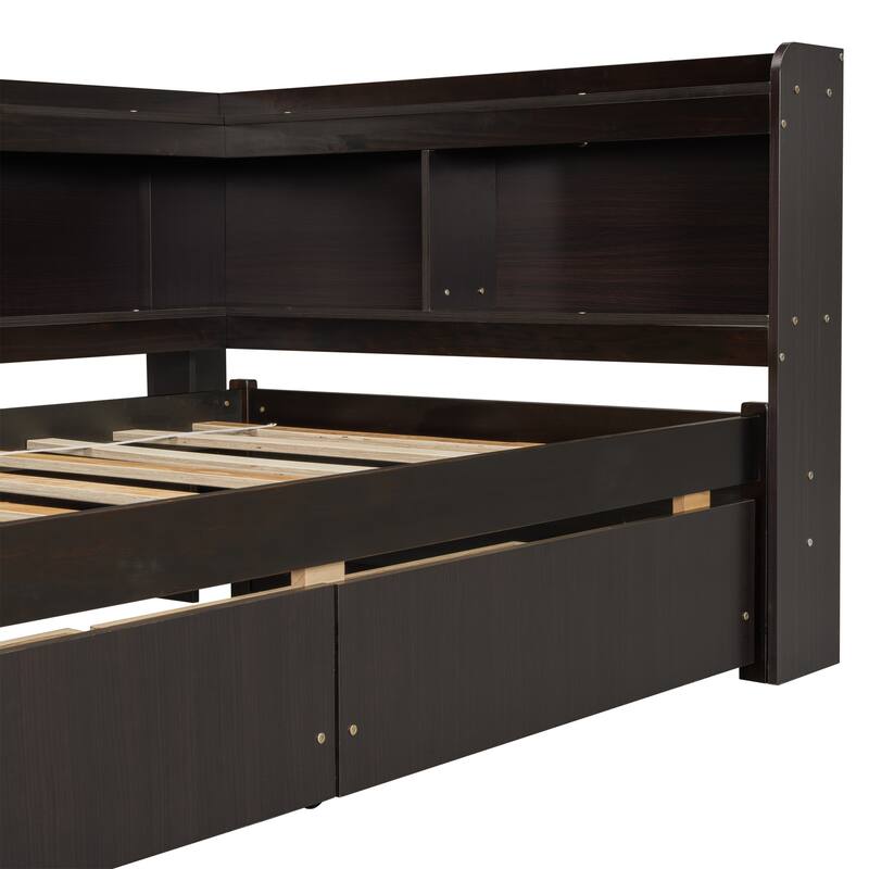 Twin Size Bookcass Bed w/ Power Outlets, USB Ports,2 Drawers,L-shaped
