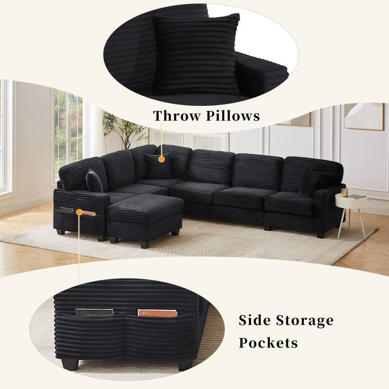 125.2" Modern Corduroy Upholstered U-shaped Sectional Sofa with Movable Ottoman and Side Storage Pockets