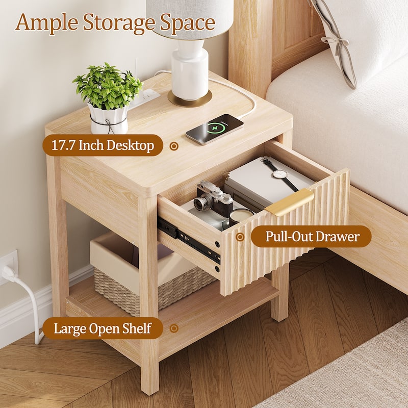 Nightstand with Drawers Fluted Bedside Table with Charging Station
