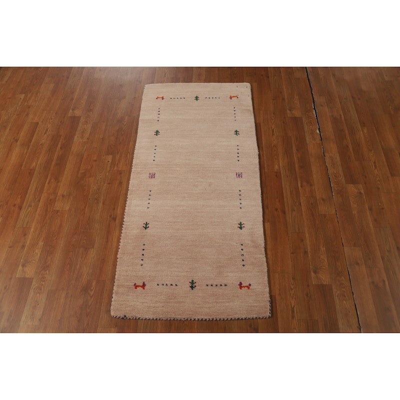 Hand Knotted Oriental 100% Wool Carpet Tribal Animal Pictorial Peach Gabbeh Runner Rug - 4' 9'' X 2' 3''