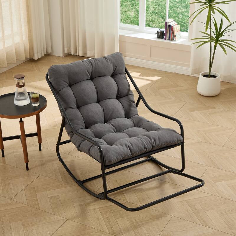 Outdoor Rocking Chair, Comfy Cushion, with Soft Thick Cushion,for Living Room, Bedroom, Reading Room, Black Frame with Cushion - Grey