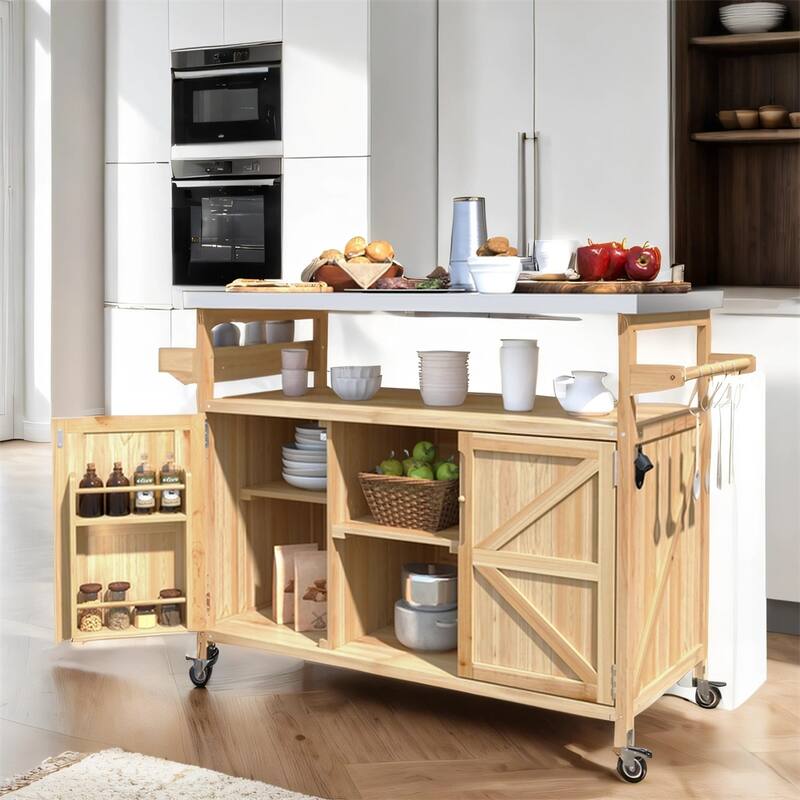 Wood Rolling Kitchen Island with Stainless Steel Top,Towel Rack