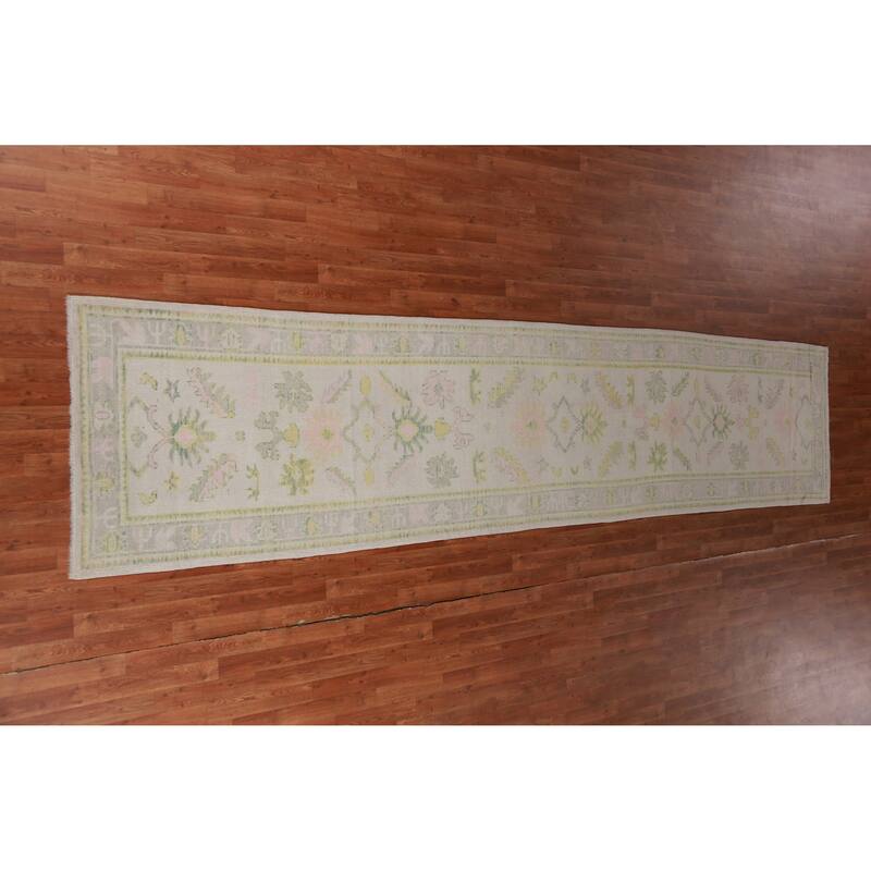 Hand Knotted Oriental 100% Wool Carpet Transitional Geometric Beige & Ivories Oushak Runner Rug - 15' 0'' X 3' 4''