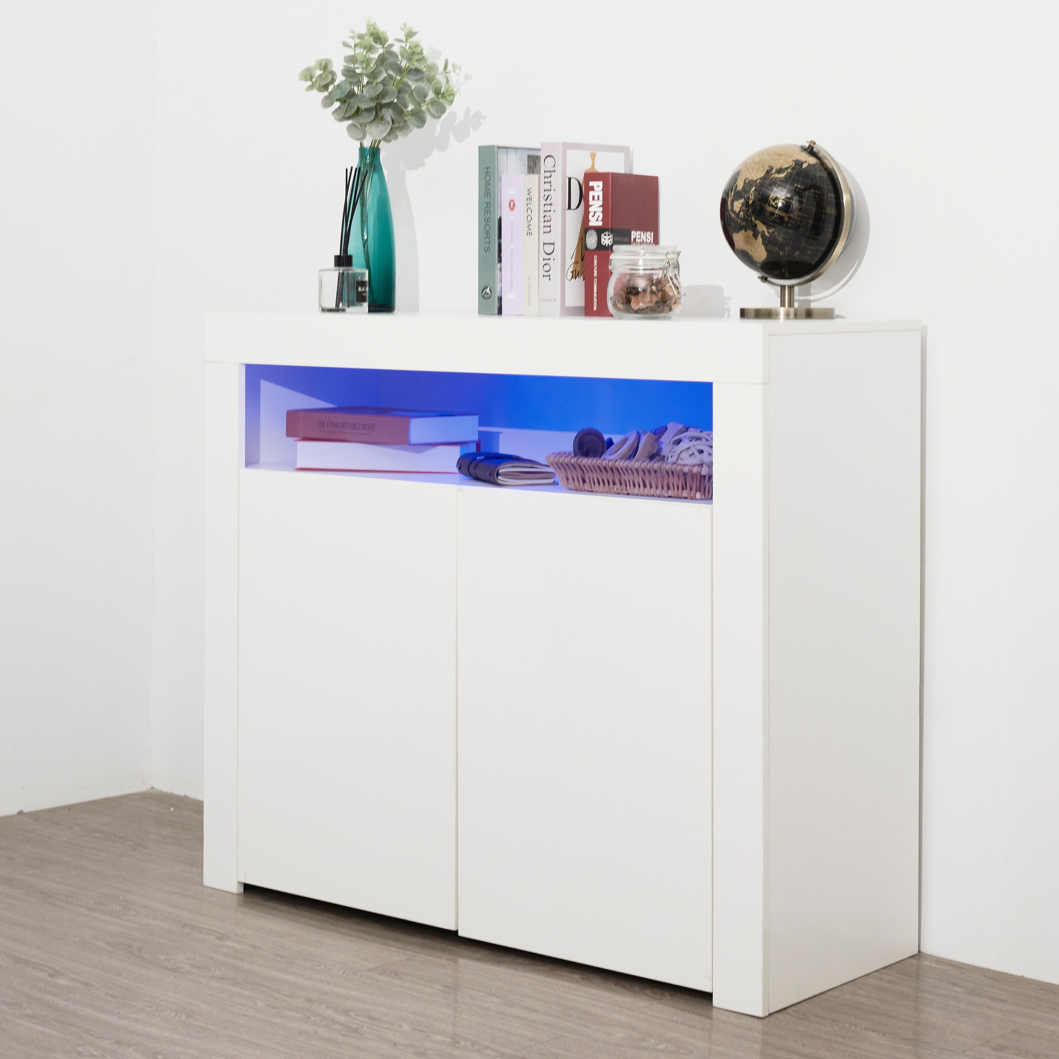 White LED Sideboard Cabinet High Gloss Storage Cupboard Unit for Dining Room Living Room 