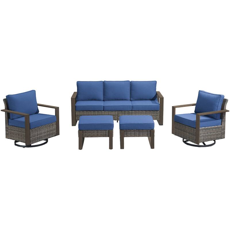 Pocassy 5 Pieces Outoor Patio Sofa Swivel Chair Ottoman Set