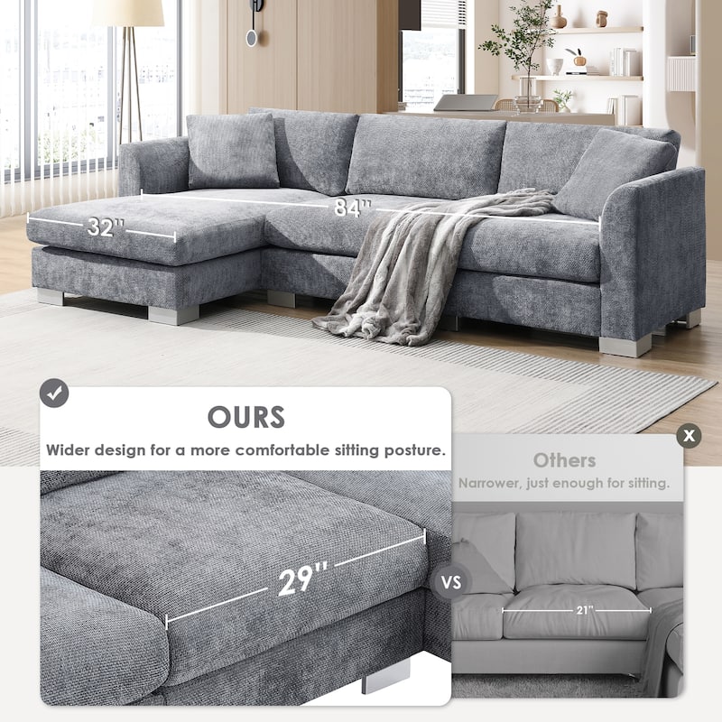 96*56" L-shaped 4-seat Chenille Sofa with Chaise and 2 Pillows, Gray