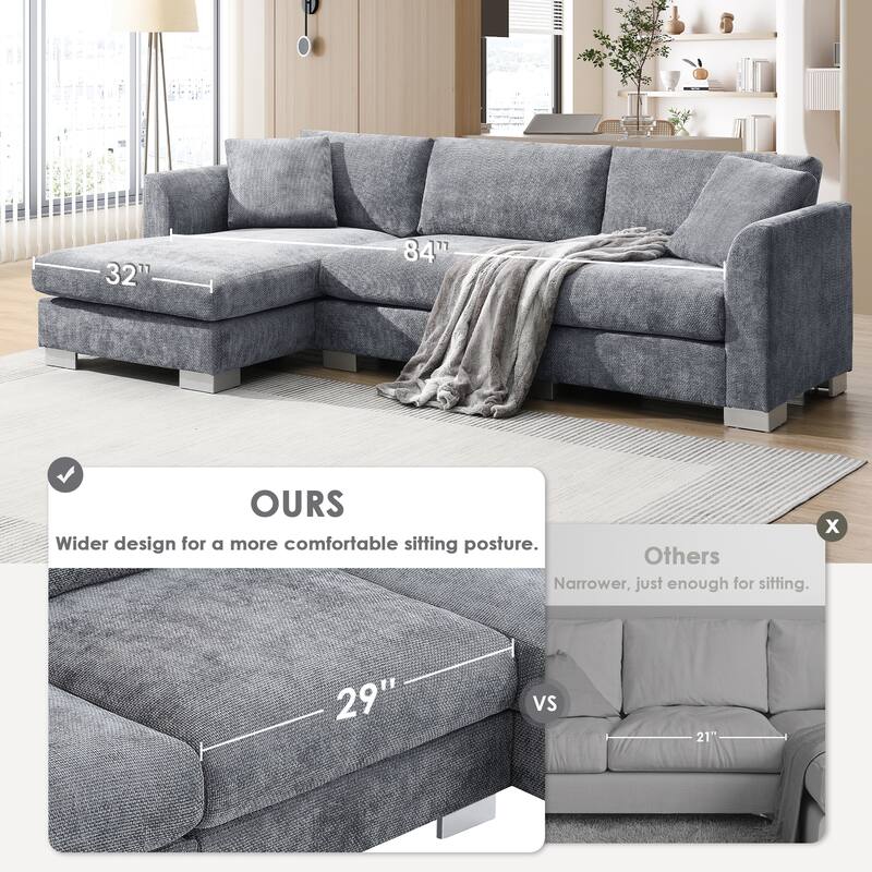 L-Shaped Sectional Sofa with Chaise Lounge, Oversized Chenille Upholstered Sofa, 4 Seater Sofa with 2 Throw Pillows