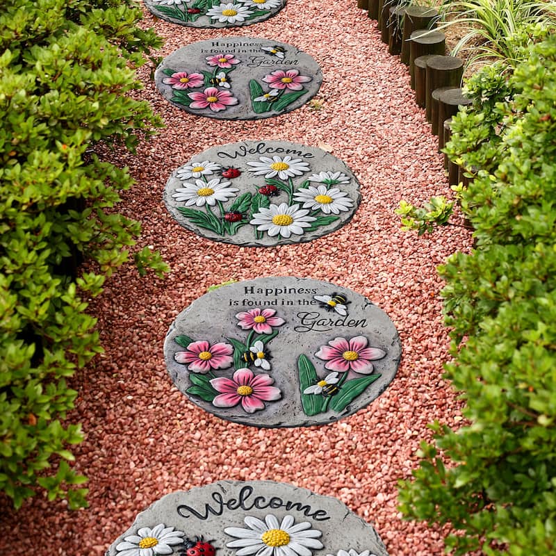 Glitzhome 4-Piece Cement Flower Textured Stepping Stones Garden Decor - 10 in