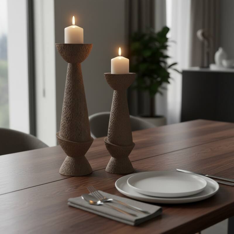 Candle Holder Set of 2 - Tan Resin Textured Pillar, 16/20" - 20.0"