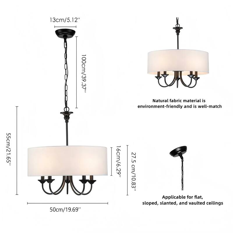 5-Light Farmhouse Modern Rustic Fabric Drum Chandelier for Living/Dining Room with White Shade - 19.69 in. W x 21.65 in. H