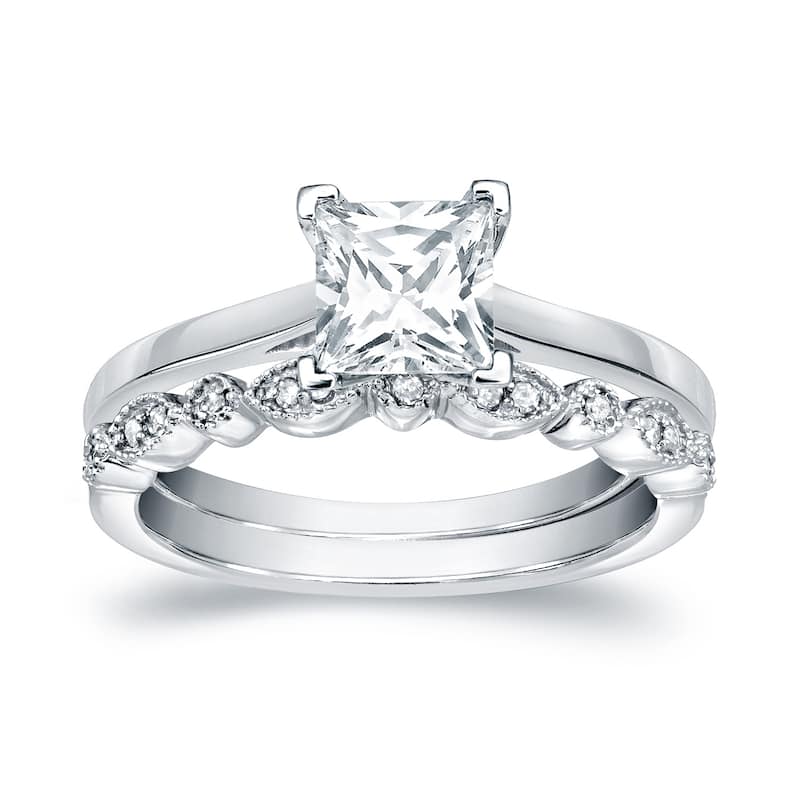 Auriya 14k Gold 1 1/6ctw Princess-cut Solitaire Diamond Engagement Ring Set - White - 4.5