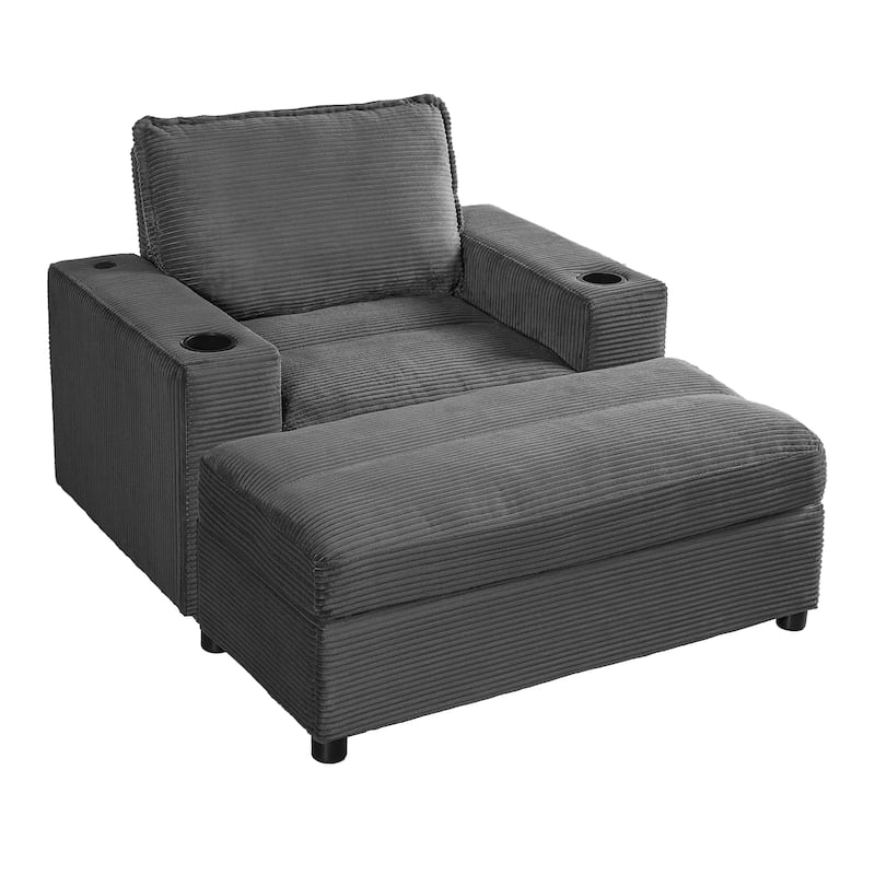 42.8" Oversized Chaise Lounge Chair with Storage Ottoman, Corduroy Sofa Bed with Cup Holders & USB Charging Port