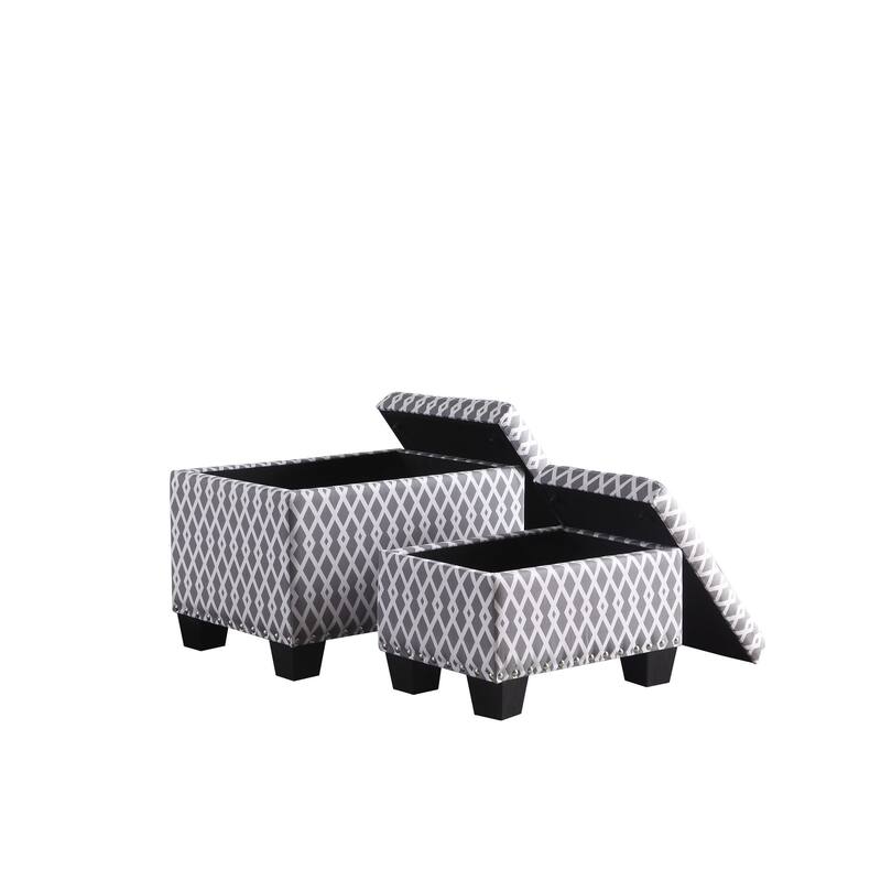 Set of Two Gray and White Diamonds Storage Ottomans