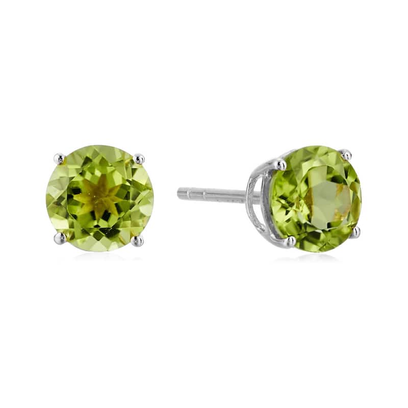 Sterling Silver Round 6mm Gemstone Birthstone Stud Earrings - Green - Peridot