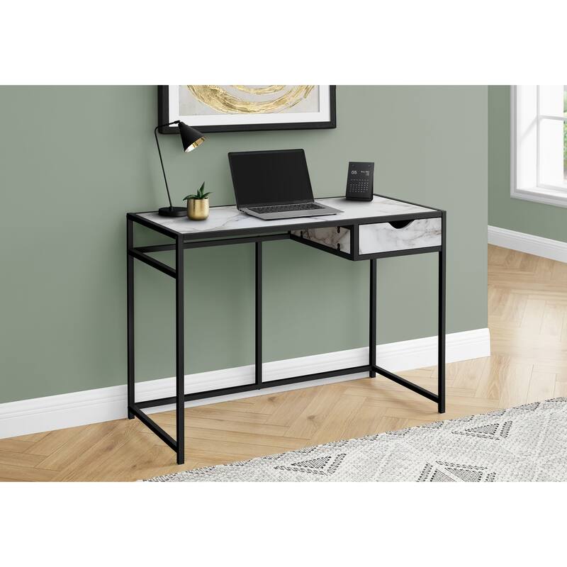 Computer Desk, Home Office, Laptop, Storage Drawer, 42"l, Work, White Marble Look Laminate, Black Metal, Contemporary, Modern