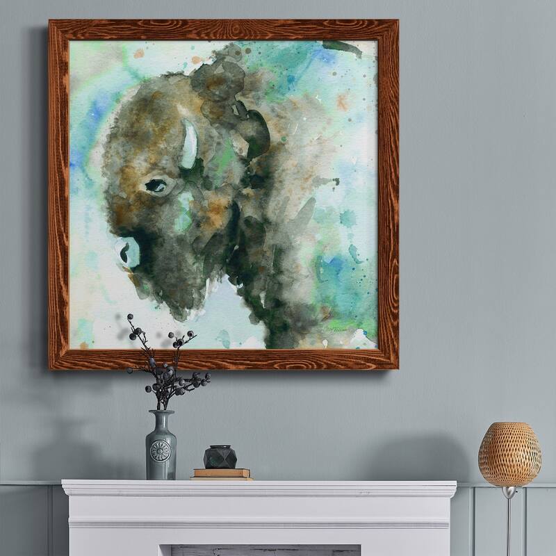 Buffalo On Blue-Premium Framed Canvas - Ready to Hang