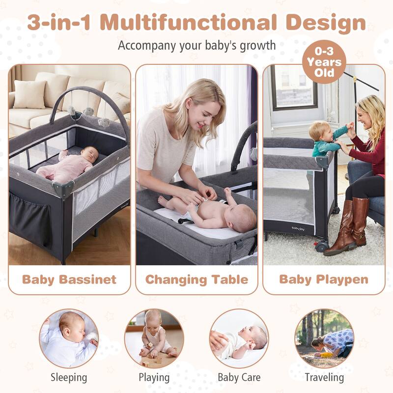 Gymax 3 in 1 Pack & Play w/ Toy Bar Diaper Changing Table w/ Safety