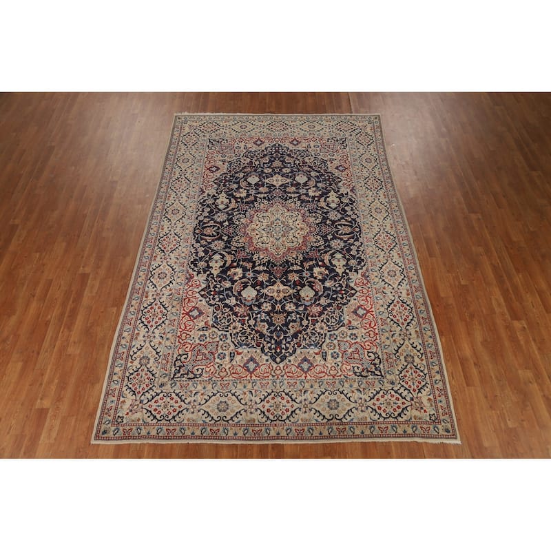 Navy Blue Floral Nain Persian Area Rug Handmade Wool Carpet - 6'7"x 10'5"
