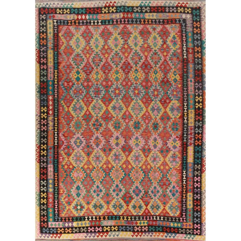 Reversible Kilim Oriental Area Rug Flatweave Geometric Wool Carpet - 9'11"x 13'0"
