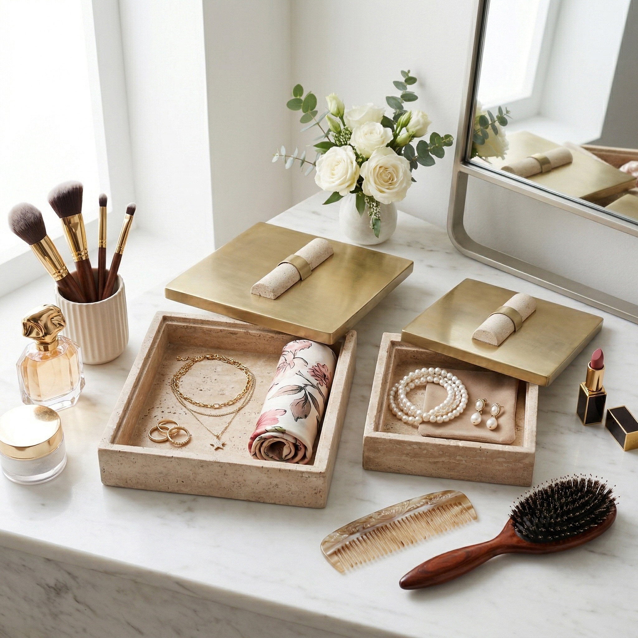 Decorative Metal Boxes with Lid - Set of 2, 10",8", Gold & Cream - 9.75"