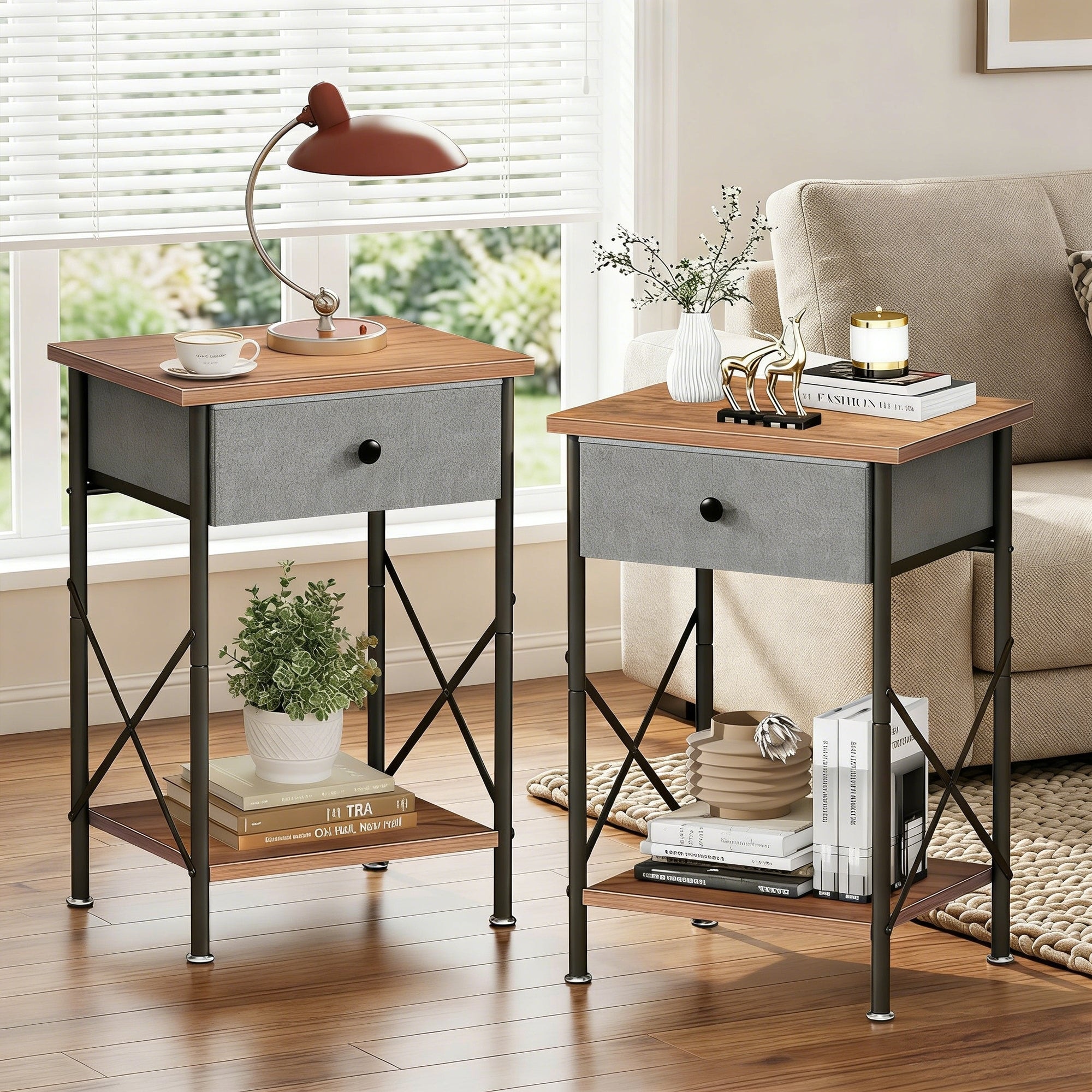 Javlergo Set of 1 or 2 Modern X-Shape End Table with Removable Fabric Drawer & Open Shelf for Living room bedroom study room