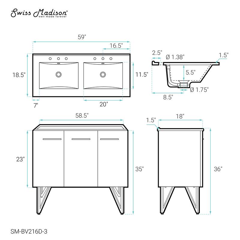 Annecy 60 In. White, Double Basin Bathroom Vanity With White, 3-Hole ArtificialStone Sink Top