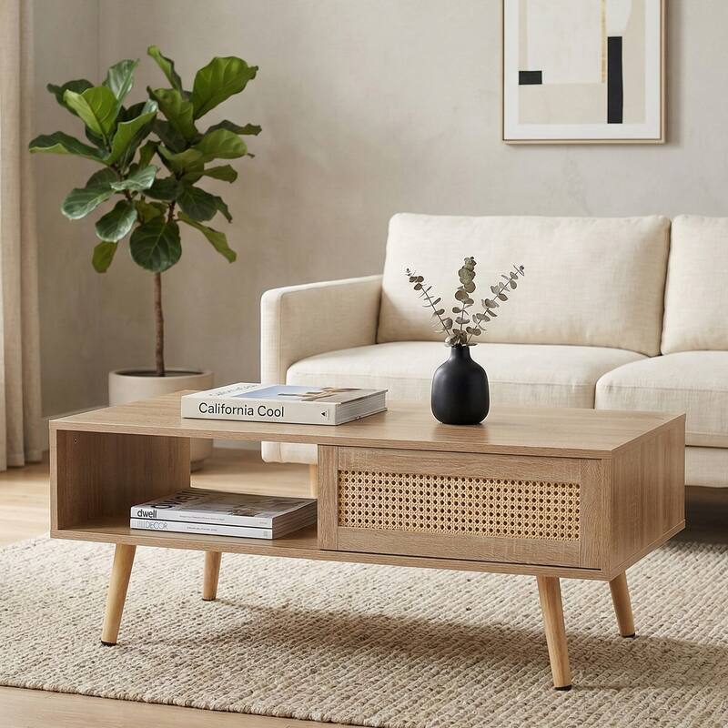 Anmytek Rattan Coffee Table with Storage Modern Walnut Living Room Centerpiece Organizer