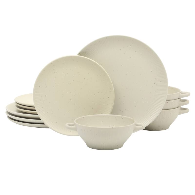 Gibson Elite Clover Hill 12-Piece Stoneware Dinnerware Set - Embossed Reactive Glaze - Service for 4 - Off-White
