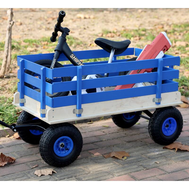 Fresh blue wooden household trolley for children's toy transportation/garden tool cart/outdoor portable trolley