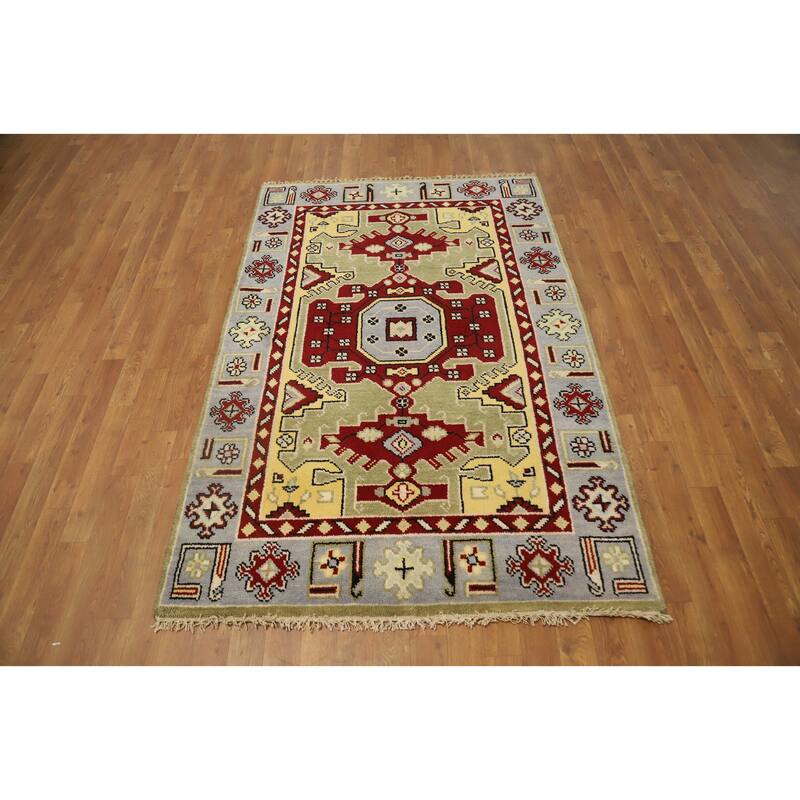 Hand Knotted Oriental 100% Wool Carpet Traditional Geometric Green Kazak Area Rug - 6' 0'' X 4' 0''