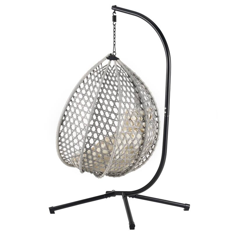 Hollowed-Out Hanging Chair with Adjustable Headrest, Weather-Resistant Rattan Swing Chair with Iron Base