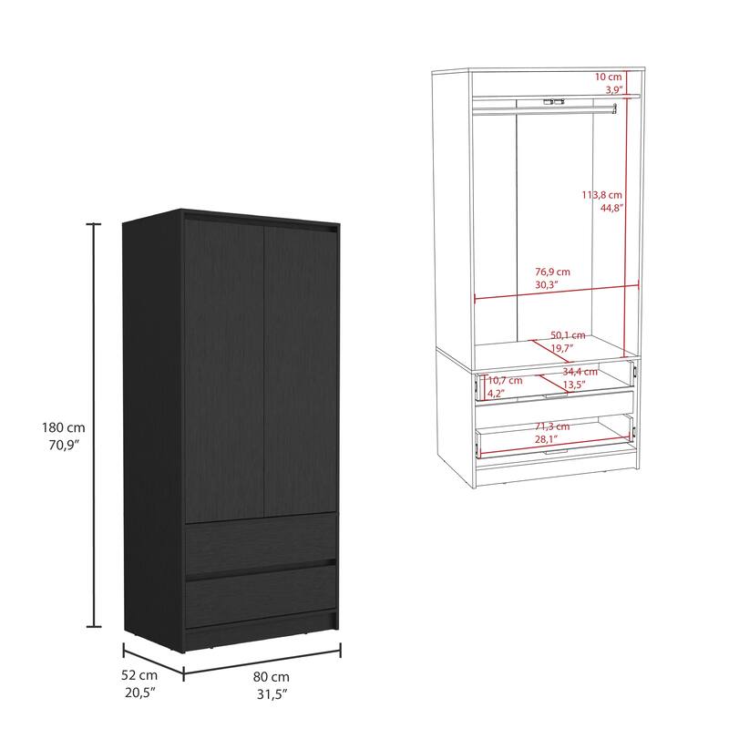 Stylish Wardrobe Closet Armoire with Double Doors for Bedroom, 2 Drawers, and Hanging Rod - Space-Saving Design
