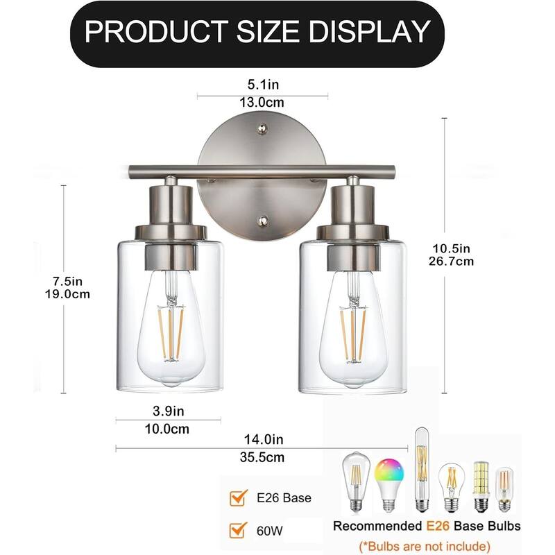 2-Light Bathroom Light Fixtures, Brushed Nickel Modern Vanity Lights Over Mirror with Clear Glass Shade, Bathroom Wall Lamp