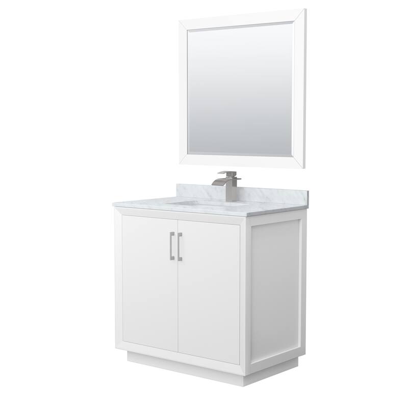 Strada 36-Inch Single Vanity Set, Carrara Marble Top, 34-Inch Mirror - White, Nickel Trim, Carrara Marble Top