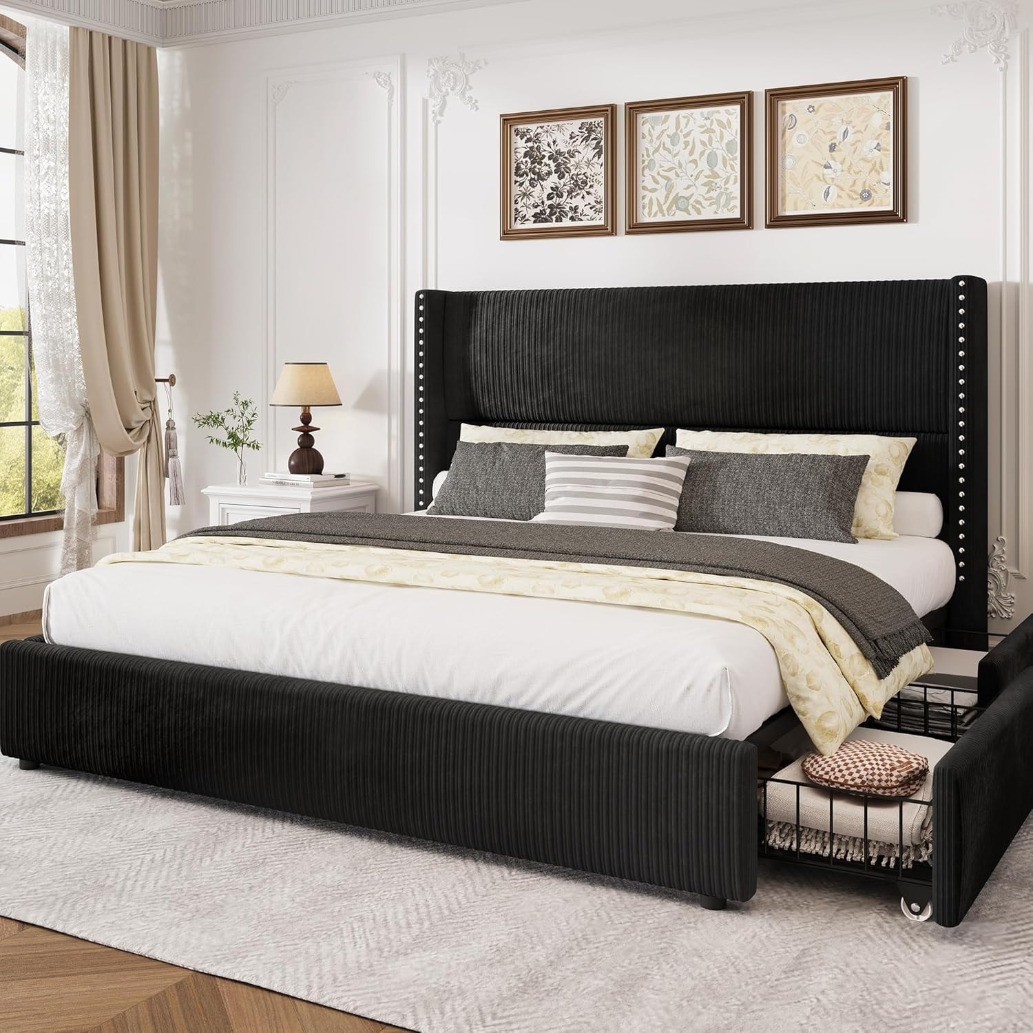 Queen Size Upholstered Platform Bed Frame with Storage Drawers, Tall Headboard, and Noise-Free Design