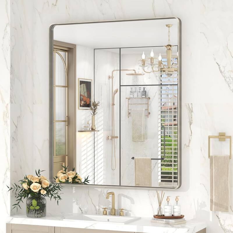 Aluminum Alloy Framed French Cleat Mounted Tempered Glass Wall Vanity Mirror - Silver - 36" x 30"