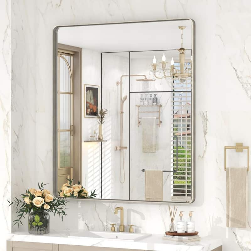Aluminum alloy Framed Tempered Glass Wall Bathroom Vanity Mirror - 36" x 30" - Silver