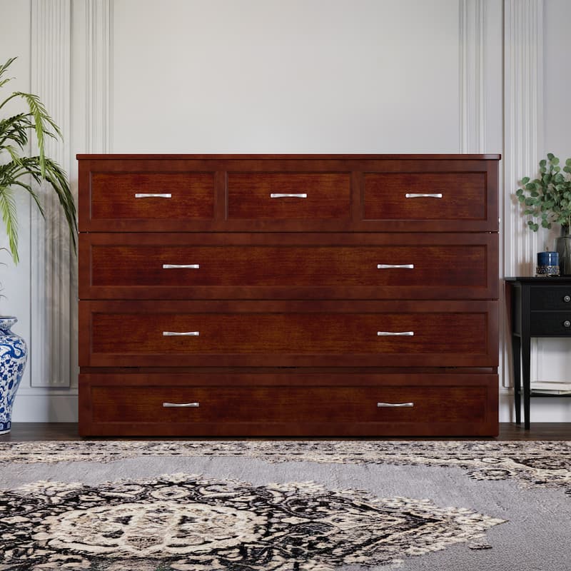 Northfield Queen Murphy Bed Chest with 6" Mattress, Storage Drawer & Built-In Charger in Walnut